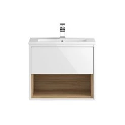 Hudson Reed Coast 600mm Wall Mounted Vanity Unit with Open Shelf & Basin - Gloss White/Coco Bolo