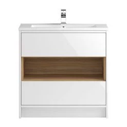 Hudson Reed Coast 800mm Floorstanding 2 Drawer Vanity Unit with Open Shelf & Basin - Gloss White/Coco Bolo