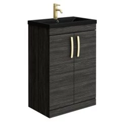 Brooklyn 600mm Black Floor Standing Vanity Unit with Matt Black Basin + Brass Handles
