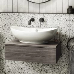 Brooklyn Floating Basin Shelf with Drawer - Grey Avola - 600mm inc. Oval Basin