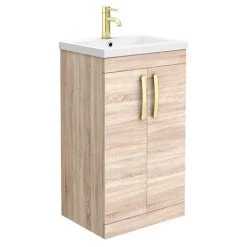 Brooklyn 500mm Natural Oak Vanity Unit with Brushed Brass Handles