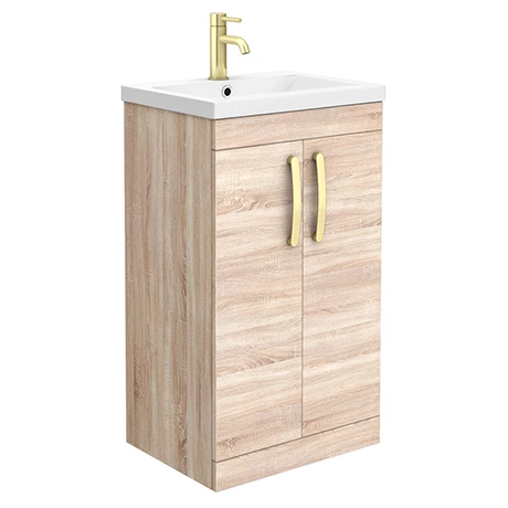 Brooklyn 500mm Natural Oak Vanity Unit with Brushed Brass Handles 1 Brooklyn 500mm Natural Oak Vanity Unit with Brushed Brass Handles