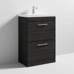Brooklyn 600 Black Floor Standing 2 Drawer Vanity Unit with Thin-Edge Basin -Bathroom Furniture Sale BFS62DBLKTE d3 460