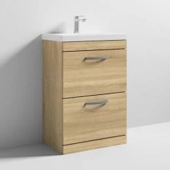 Brooklyn 600 Natural Oak Floor Standing 2 Drawer Vanity Unit with Thin-Edge Basin -Bathroom Furniture Sale BFS62DOAKTE d3 460