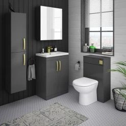 Brooklyn 600mm Gloss Grey Vanity Unit with Brushed Brass Handles -Bathroom Furniture Sale BFS6GG BB d3 460