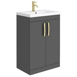 Brooklyn 600mm Gloss Grey Vanity Unit with Brushed Brass Handles