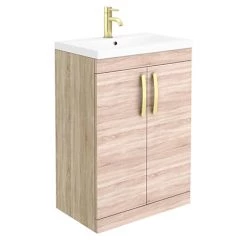 Brooklyn 600mm Natural Oak Vanity Unit with Brushed Brass Handles