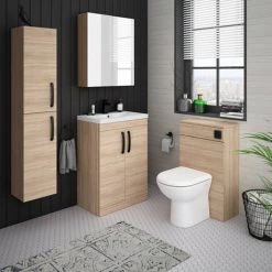Brooklyn Natural Oak Vanity Unit - 600mm Wide with Matt Black Handles -Bathroom Furniture Sale BFS6N MB d3 460