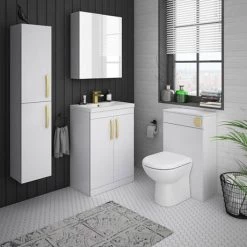 Brooklyn 600mm Gloss White Vanity Unit with Brushed Brass Handles -Bathroom Furniture Sale BFS6WHT BB d3 460