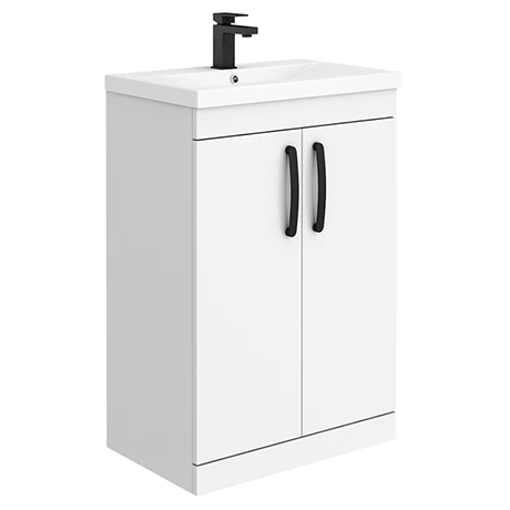 Brooklyn Gloss White Vanity Unit - 600mm Wide with Matt Black Handles 1 Brooklyn Gloss White Vanity Unit - 600mm Wide with Matt Black Handles