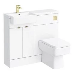 Brooklyn 1000 Gloss White Square Semi-Recessed Combination Unit w. Brushed Brass Handles + Flush -Bathroom Furniture Sale BS14BB d4 460