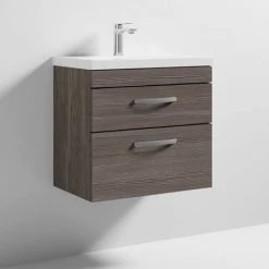 Brooklyn 600 Grey Avola Wall Hung 2 Drawer Vanity Unit with Thin-Edge Basin -Bathroom Furniture Sale BWH6GA2DTE d3 460