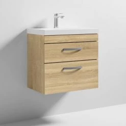 Brooklyn 600 Natural Oak Wall Hung 2 Drawer Vanity Unit with Thin-Edge Basin -Bathroom Furniture Sale BWH6OAK2DTE d3 460