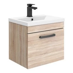 Brooklyn Wall Hung Vanity - Natural Oak - 500mm Wide 1-Drawer inc. Matt Black Handle