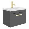 Brooklyn 600mm Gloss Grey Wall Hung 1-Drawer Vanity Unit with Brushed Brass Handle