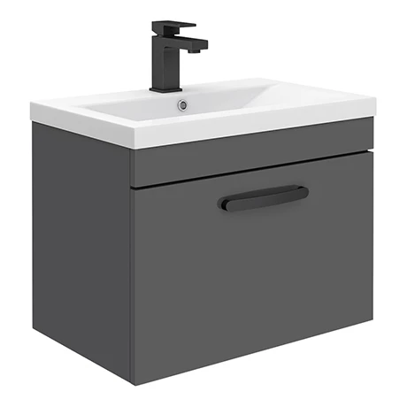 Brooklyn Wall Hung Vanity - Gloss Grey - 600mm Wide 1-Drawer inc. Matt Black Handle 1 Brooklyn Wall Hung Vanity - Gloss Grey - 600mm Wide 1-Drawer inc. Matt Black Handle
