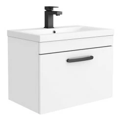 Brooklyn Wall Hung Vanity - Gloss White - 600mm Wide 1-Drawer inc. Matt Black Handle