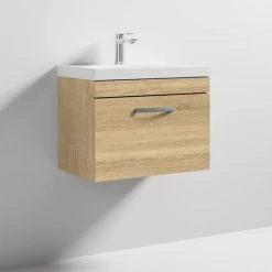 Brooklyn 600 Natural Oak Wall Hung 1-Drawer Vanity Unit with Thin-Edge Basin -Bathroom Furniture Sale BWHSD6OAKTE d3 460