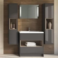 Hudson Reed Coast 500mm Floorstanding 2 Drawer Vanity Unit with Open Shelf & Basin - Grey Gloss/Driftwood -Bathroom Furniture Sale Coast 500mm Floorstanding 2 Drawer Vanity Unit with Open Shelf and Basin d2 460