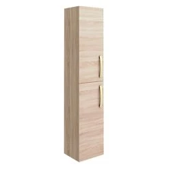 Brooklyn Natural Oak Wall Hung Tall Storage Cabinet with Brushed Brass Handles
