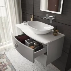 Hudson Reed Sarenna Wall Hung Countertop Vanity Unit - Dove Grey - 1000mm with White Marble Top -Bathroom Furniture Sale SAR203 D2 460